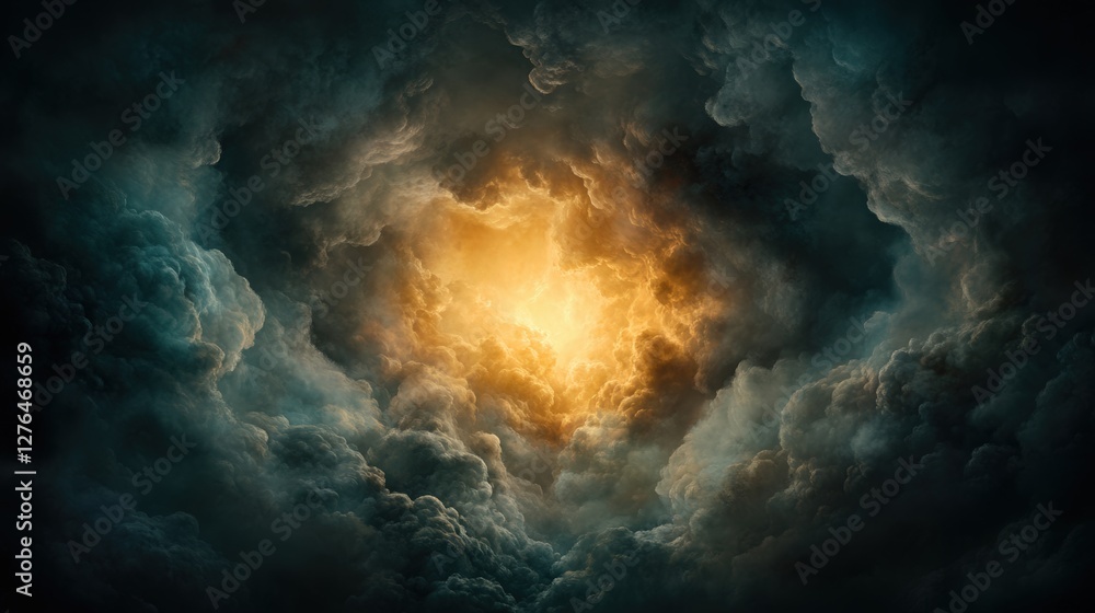 Majestic clouds swirl dramatically with a radiant golden light emerging from the center, creating an ethereal and otherworldly atmosphere, Ideal for fantasy themes, illustrations, or backgrounds, Majestic clouds swirl dramatically with a radiant golden light emerging from the center, creating an ethereal and otherworldly atmosphere, Ideal for fantasy themes, illustrations, or backgrounds,