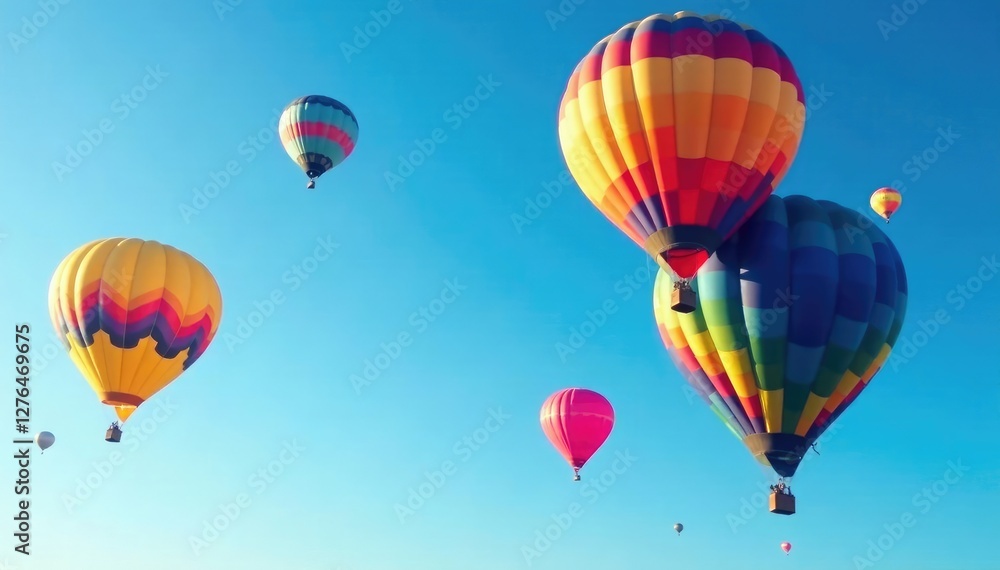 Naklejka premium Brightly colored hot air balloons fill the clear blue sky with their shapes, airships, blue sky
