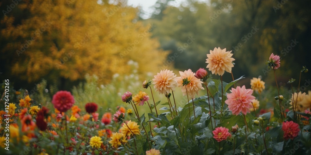 A vibrant garden scene showcasing colorful blooming flowers in various shades. The lush greenery surrounds the blooms creating a peaceful atmosphere. Ideal for nature lovers. AI A vibrant garden scene showcasing colorful blooming flowers in various shades. The lush greenery surrounds the blooms creating a peaceful atmosphere. Ideal for nature lovers. AI