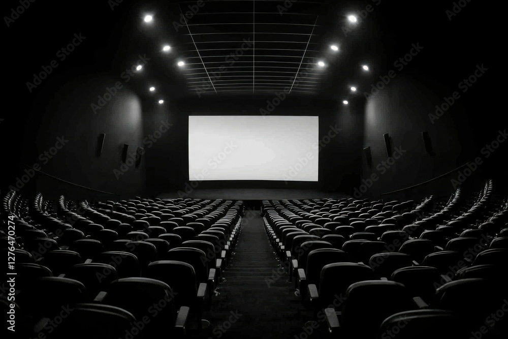 Naklejka premium Empty cinema auditorium with blank screen and seats