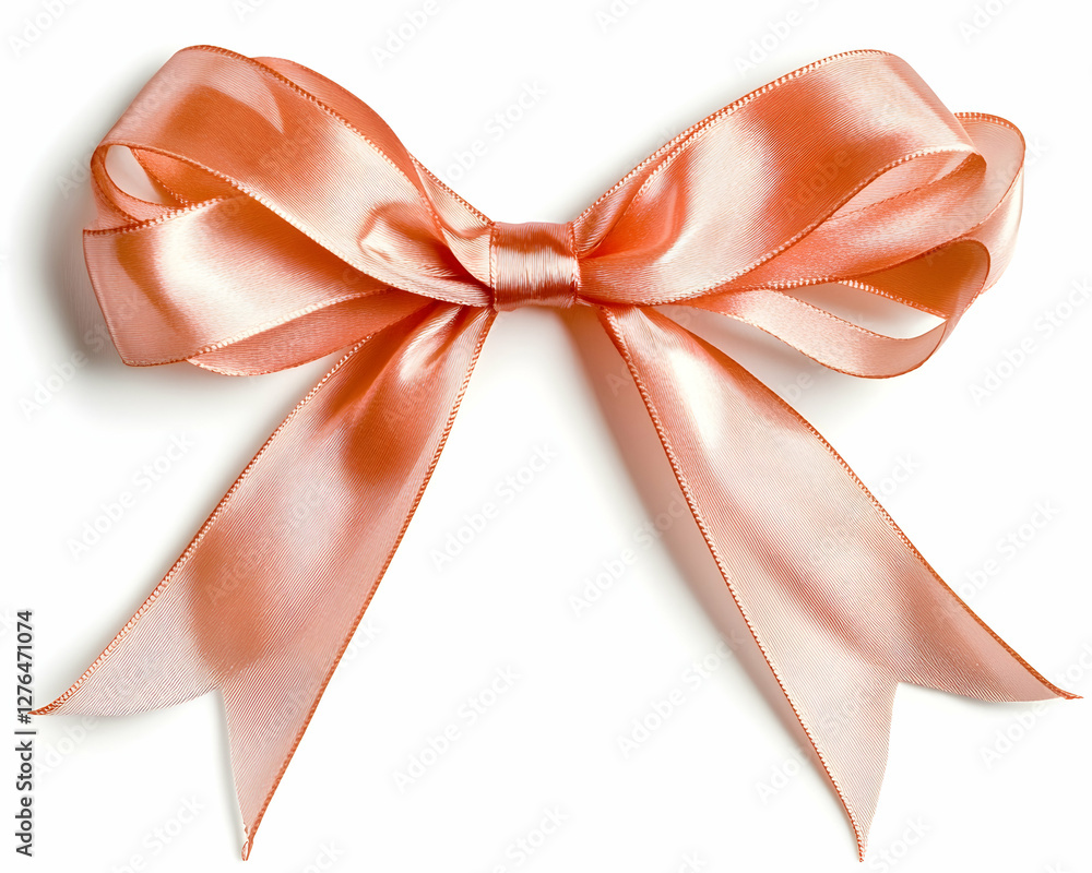 Peach satin ribbon bow, isolated, white background, gift wrapping Peach satin ribbon bow, isolated, white background, gift wrapping