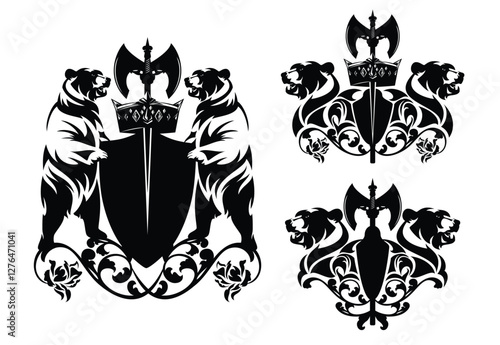 medieval fairy tale heraldic shield with standing bears, crown and axe among rose flowers - fantasy royal coat of arms black and white vector design set