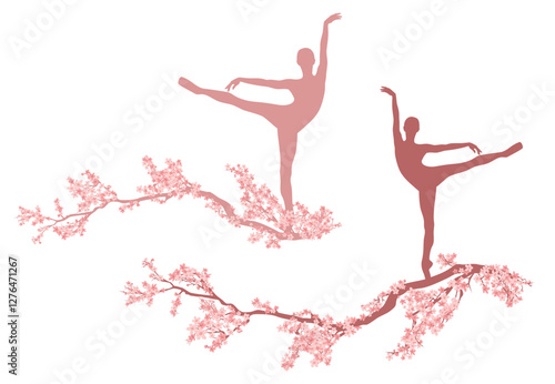 beautiful ballet dancer standing en pointe on long blooming sakura tree branch - classical ballerina spring season outdoor performance vector design