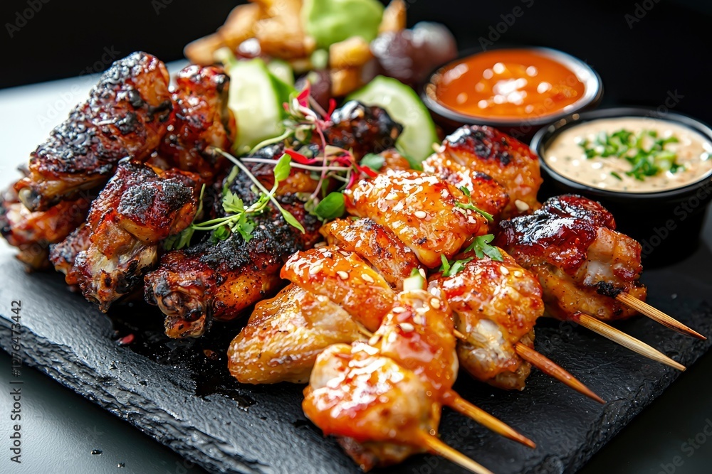 Grilled chicken wings and skewers with dips and sides on slate Grilled chicken wings and skewers with dips and sides on slate