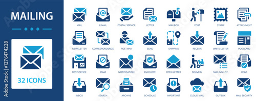 Mailing icon set. Mail, send, spam, email, shipping, mailbox, postman, letter.