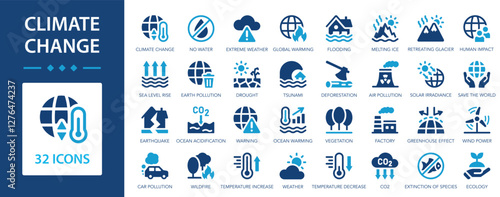 Climate change icon set. Global warming, greenhouse, drought, melting ice, warning, no water.