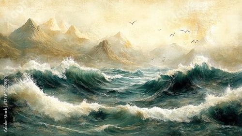 Mountainous Seascape, Powerful Waves, Birds, Golden Light
