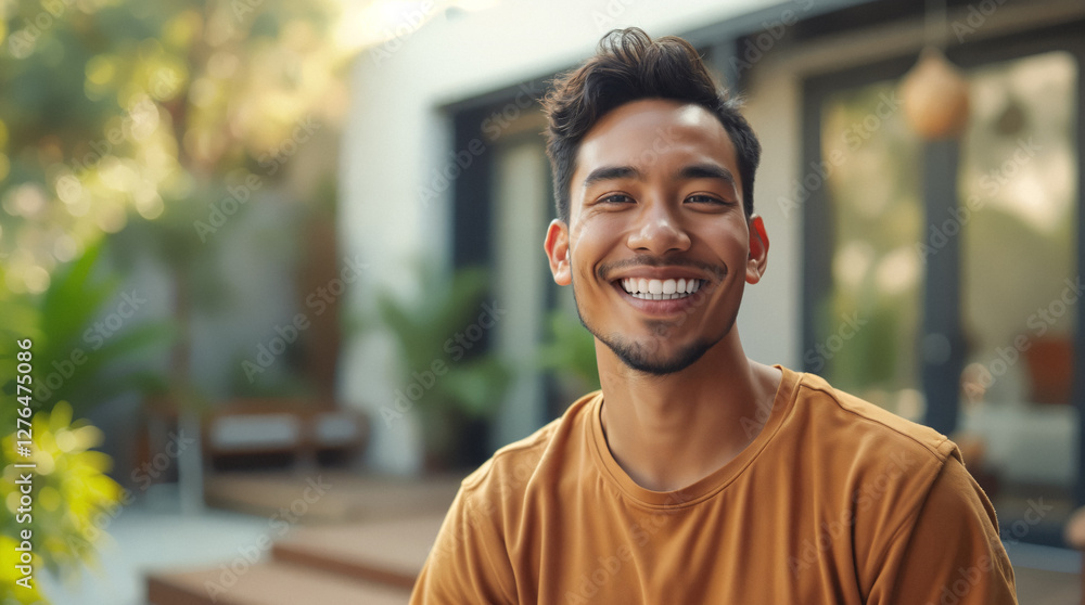 showcases a young man with a radiant smile captured outdoors against a blurred background of lush greenery and a modern house. the warm lighting creates a cheerful and inviting mood complemented by th showcases a young man with a radiant smile captured outdoors against a blurred background of lush greenery and a modern house. the warm lighting creates a cheerful and inviting mood complemented by th