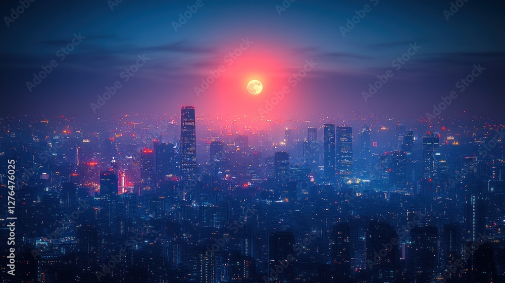 Obraz premium Night city skyline, red moon, aerial view