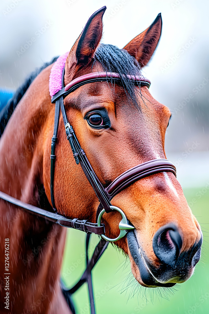Obraz premium Racehorse portrait, paddock, blurred background, equestrian sport