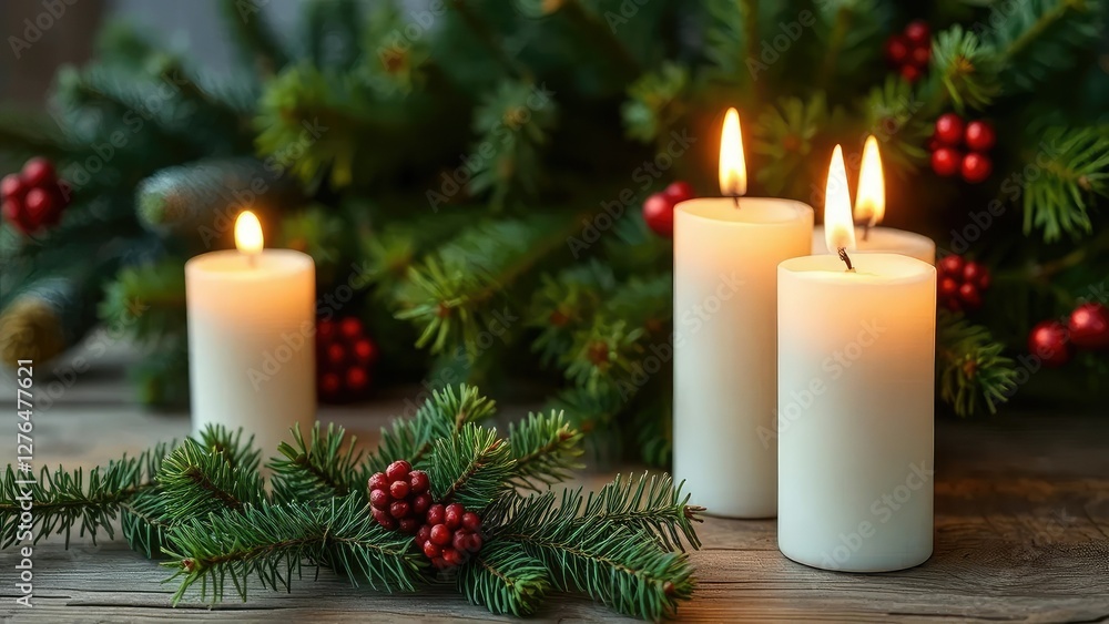 Softly glowing candles on a rustic wooden table against evergreen pine branches, festive, holiday scene Softly glowing candles on a rustic wooden table against evergreen pine branches, festive, holiday scene