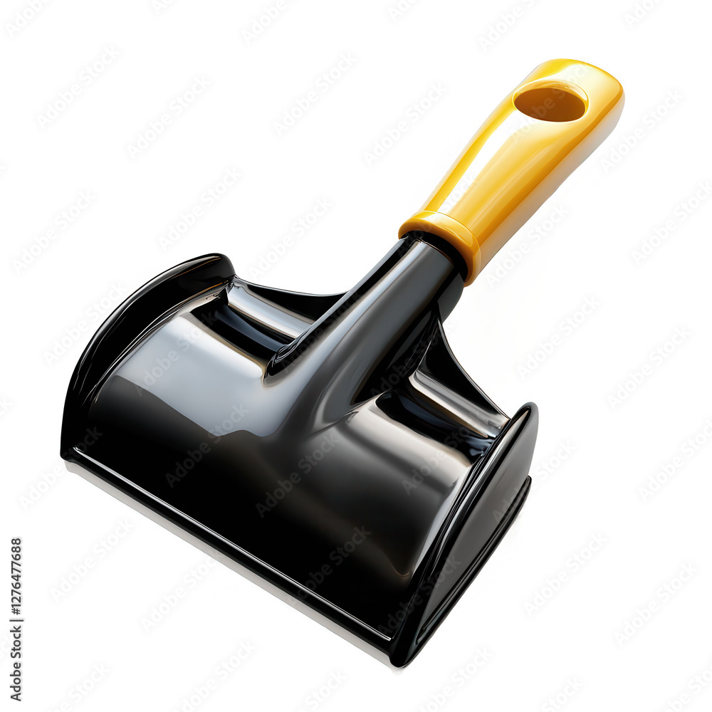 A glossy black scoop tool with a yellow handle, designed for easy lifting. Ideal for various cleaning tasks or materials handling. A glossy black scoop tool with a yellow handle, designed for easy lifting. Ideal for various cleaning tasks or materials handling.