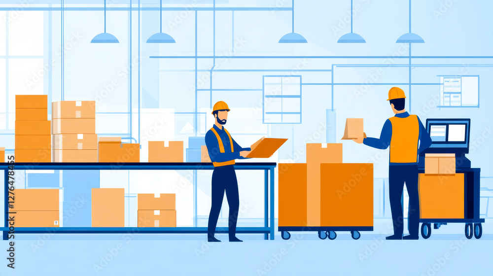 Obraz premium A vibrant illustration of warehouse workers managing boxes, showcasing teamwork and logistics in a bright, organized environment.
