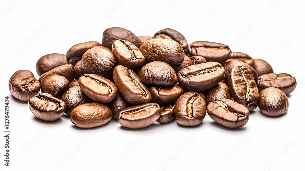 Naklejka premium Roasted coffee beans pile, isolated, white background, food photography, website use