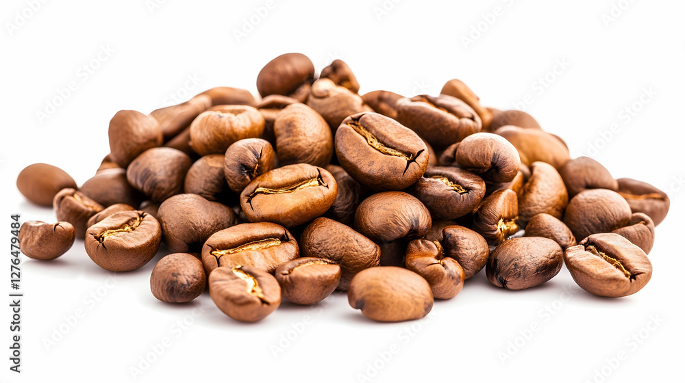 Roasted coffee beans pile, isolated, white background, food industry use Roasted coffee beans pile, isolated, white background, food industry use