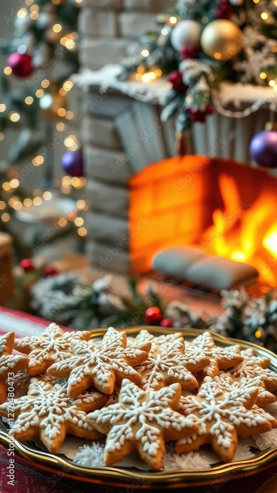 Fototapeta premium Snowflake cookies on a festive platter near a cozy fireplace, with twinkling lights and ornaments, winter wonderland, ornaments