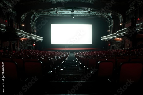 Empty movie theater screen with red seats, ready for film premiere photo