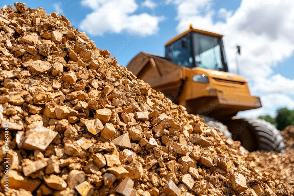 Obraz premium Gravel pile, dumper truck, quarry, sunny sky, construction, resource extraction