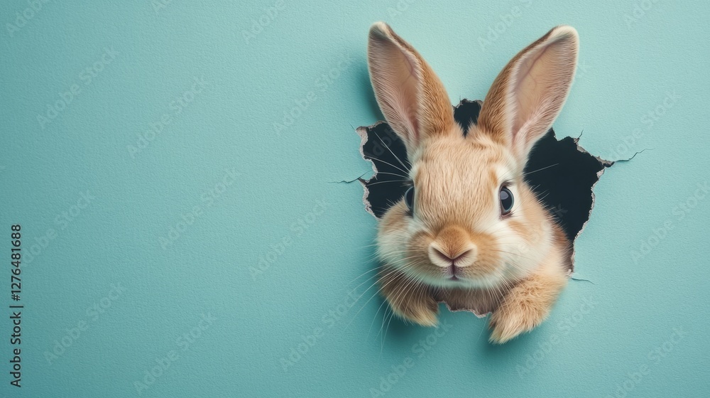 Obraz premium Curious Easter Bunny Breaking Through The Light Blue Wall. Spring Is Here!