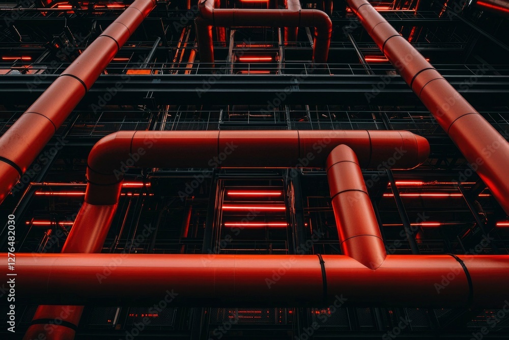 Red pipes and metal framework of industrial plant at night Red pipes and metal framework of industrial plant at night