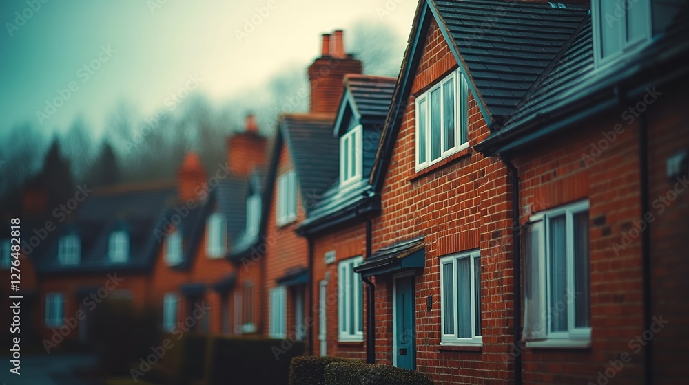 English village houses, row of red brick homes, overcast day, blurred background English village houses, row of red brick homes, overcast day, blurred background
