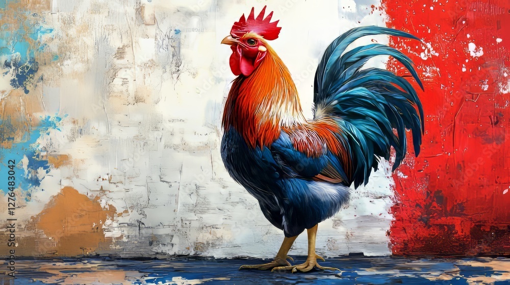 Fototapeta premium French Rooster Art. Bold, Colorful, And Detailed Illustration Of A Rooster With Vibrant Plumage Against A Textured Background.