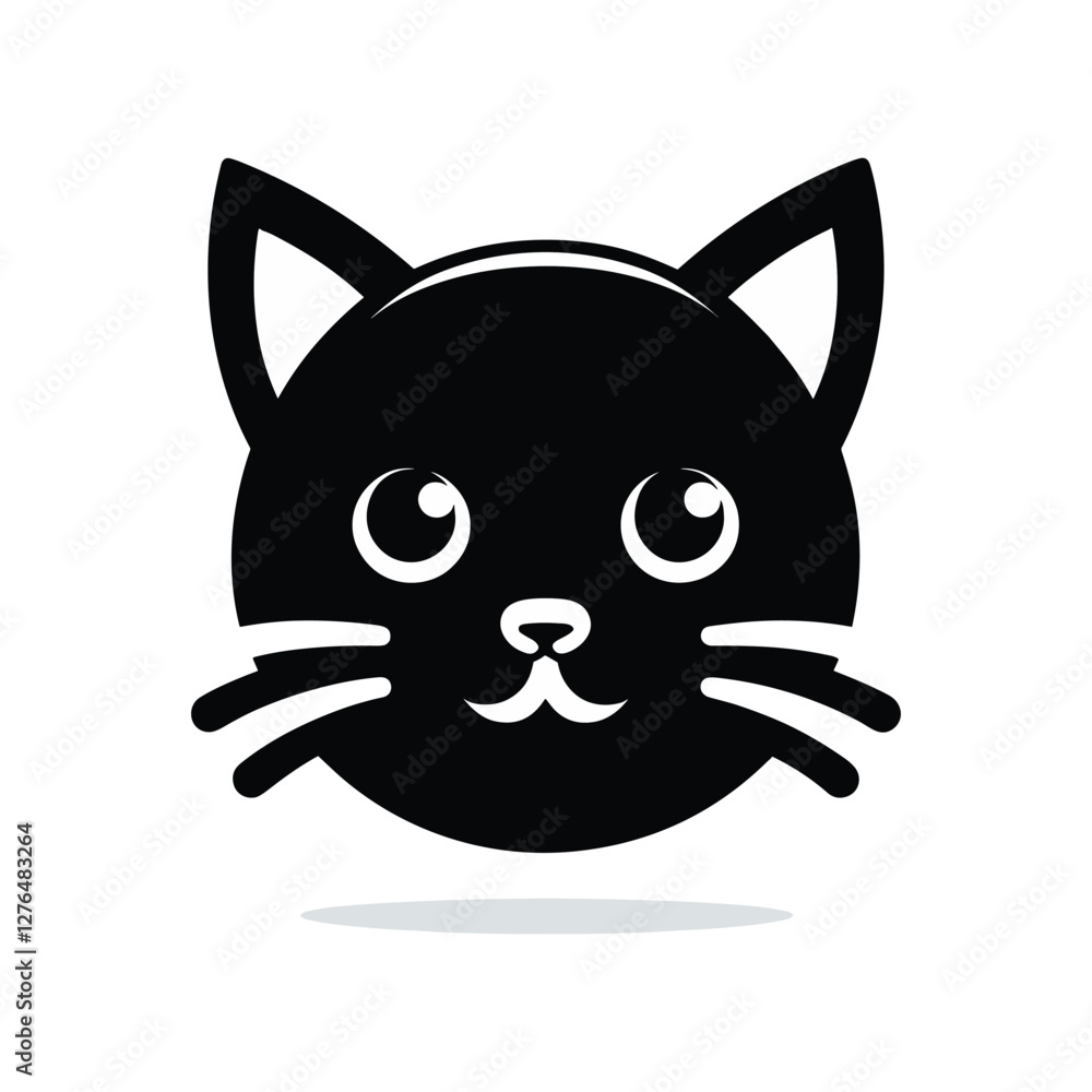 Black cat face vector logo icon, simple flat design on a white background, no shadow under the head of the black, cute kitten, vector illustration style, simple line art, symmetrical composition, logo Black cat face vector logo icon, simple flat design on a white background, no shadow under the head of the black, cute kitten, vector illustration style, simple line art, symmetrical composition, logo