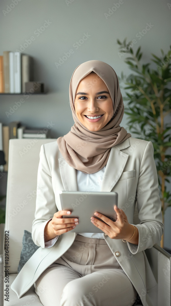 confident businesswoman in beige pantsuit and hijab using a tablet confident businesswoman in beige pantsuit and hijab using a tablet