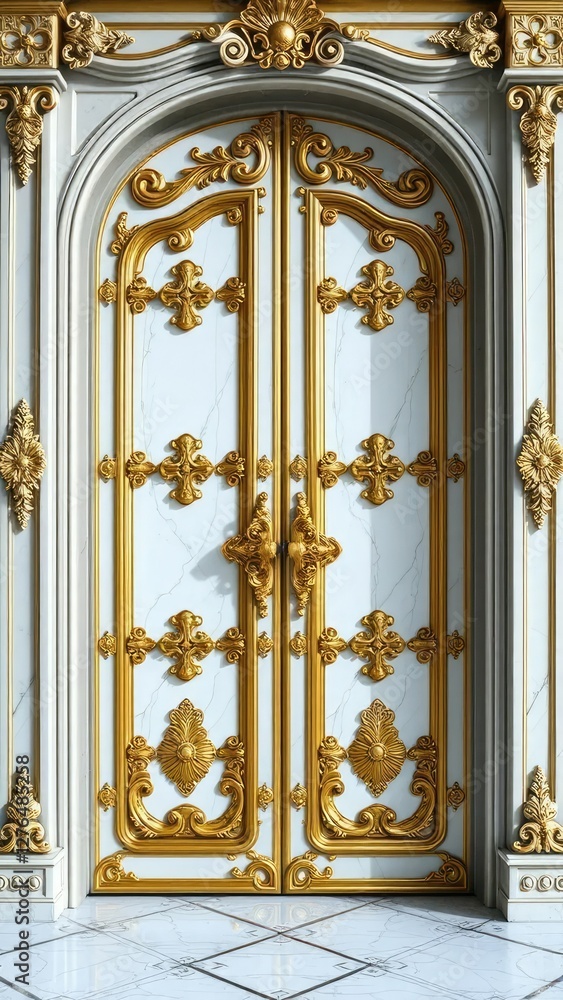 Fototapeta premium Ornate door with golden hinges and white marble inlay, grandeur, doors, royal