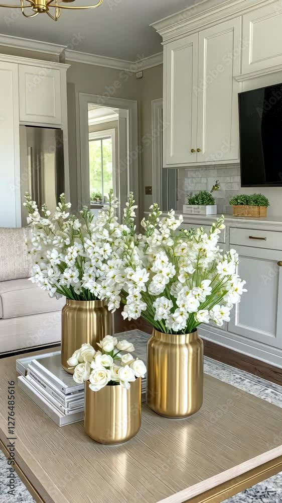 Beautifully arranged flowers in gold vases enhance this modern living room with light tones and contemporary furnishings Beautifully arranged flowers in gold vases enhance this modern living room with light tones and contemporary furnishings