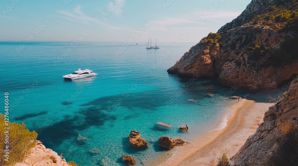 Fototapeta premium Coastal Paradise Featuring Turquoise Waters, Sandy Beach And Boats. Escape To Idyllic Scenery And Soak Up The Serenity.