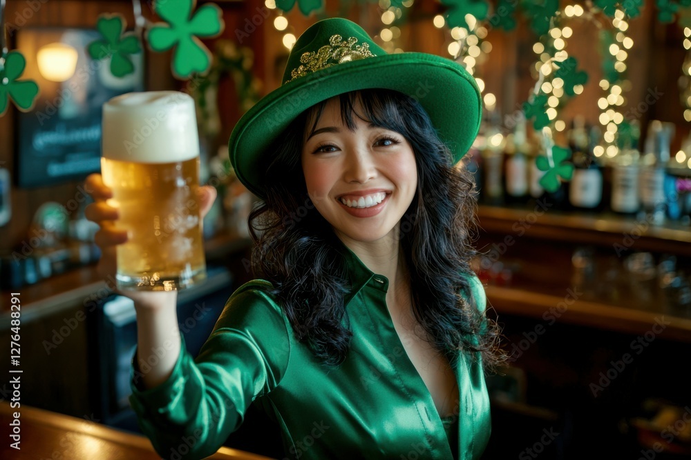 St. Patrick's Day Portrait of an Asian woman in a green satin blouse and matching hat, laughing as she snaps a selfie. She raises a tall beer glass with foam in her hand, with a cozy bar background St. Patrick's Day Portrait of an Asian woman in a green satin blouse and matching hat, laughing as she snaps a selfie. She raises a tall beer glass with foam in her hand, with a cozy bar background
