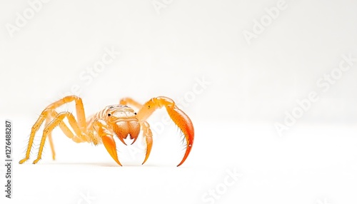 Orange pseudoscorpion standing on a white surface looking forward photo