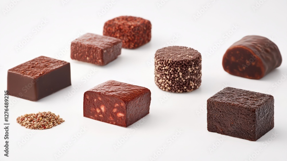 Assorted gourmet chocolates displayed artistically on a clean white background, showcasing textures Assorted gourmet chocolates displayed artistically on a clean white background, showcasing textures
