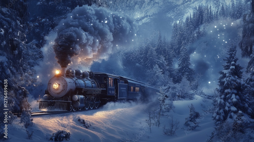 Winter Steam Train In A Snowy Landscape. Travel Across A Winter Wonderland. Winter Steam Train In A Snowy Landscape. Travel Across A Winter Wonderland.