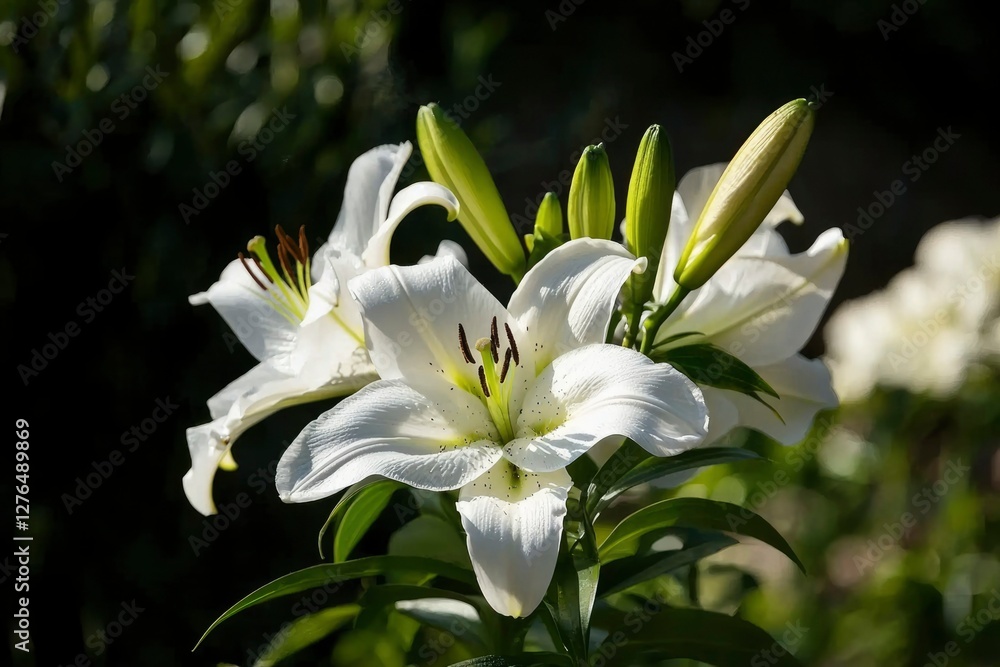 Fototapeta premium White lilies blooming in a garden with dark background