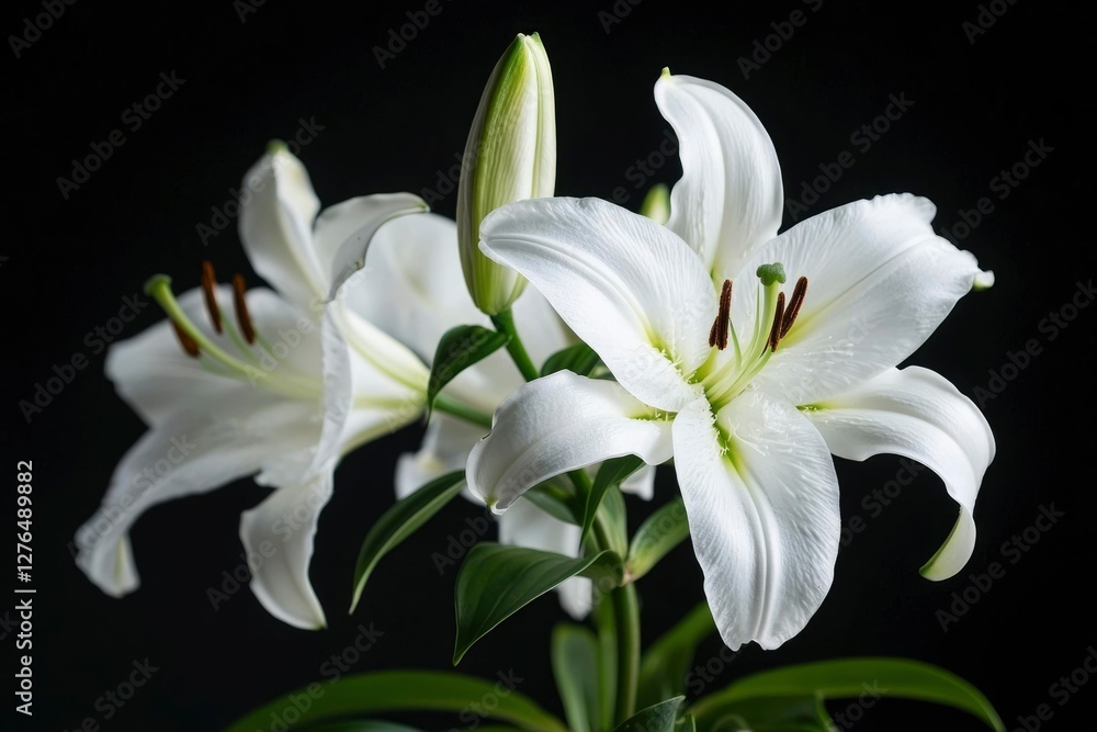 Fototapeta premium White lilies on a black background, elegant floral arrangement