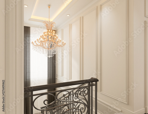 3D interior classic  style Elegant Crystal Chandelier in Grand Staircase and white walls with classic decor.