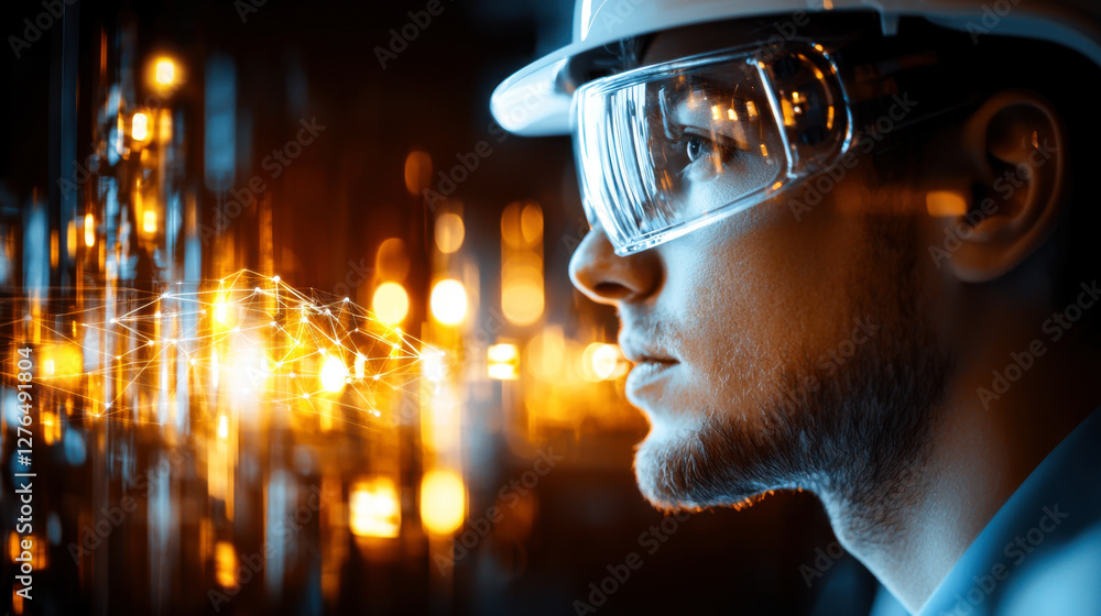 Innovative engineer with safety gear, exploring technology and industry Innovative engineer with safety gear, exploring technology and industry