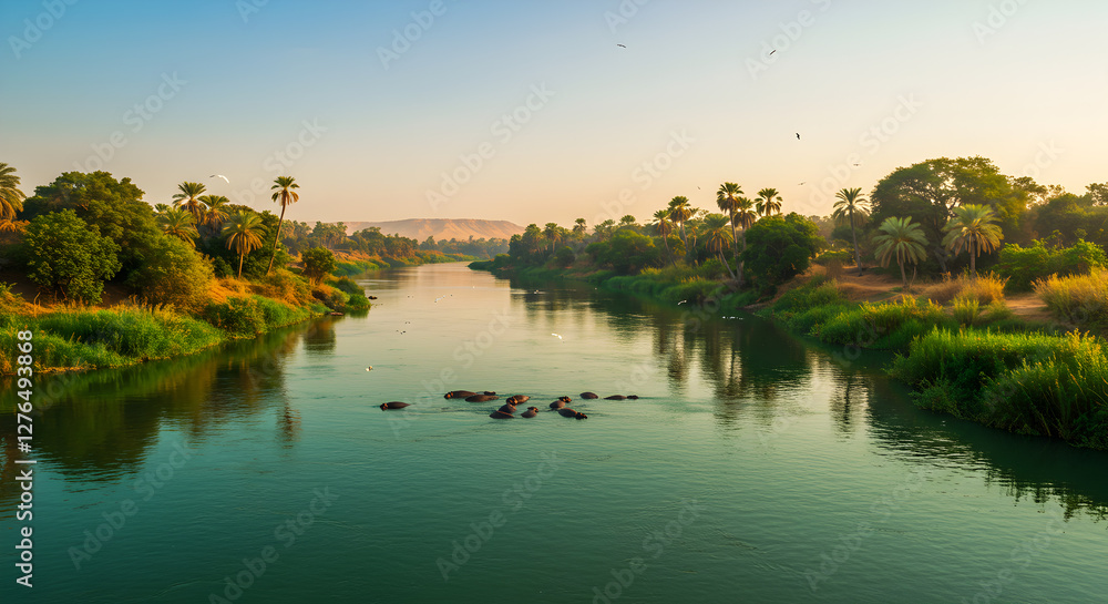 Hippopotamus congregation in the Nile river during a bright sunset Hippopotamus congregation in the Nile river during a bright sunset