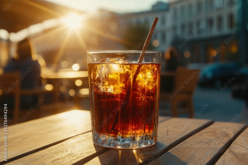 Iced cola at sunset on cafe table with city street background Iced cola at sunset on cafe table with city street background