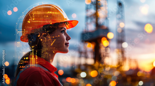 double exposure image of female oil rig worker wearing hard hat, with city skyline overlay, showcasing innovation and