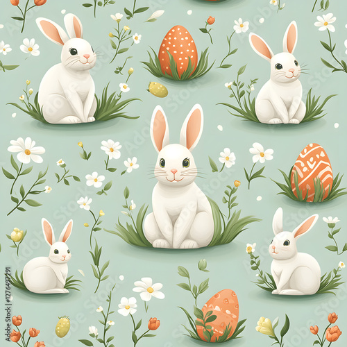 A pattern of rabbits and eggs with a green background