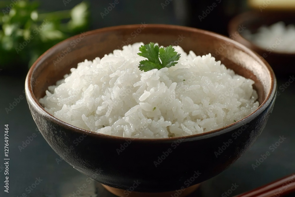 Steamed white rice in bowl with cilantro garnish, dark background, food photography Steamed white rice in bowl with cilantro garnish, dark background, food photography