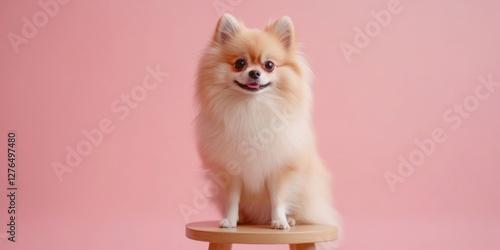 A cheerful pomeranian dog sits on a small stool against a soft pink background. This cute pet exudes joy and charm. Perfect for animal lovers and pet photography. AI