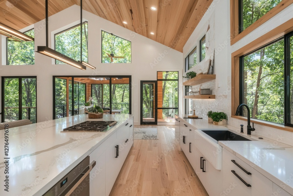 Fototapeta premium Modern kitchen with forest view, ideal for interior design inspiration (1)