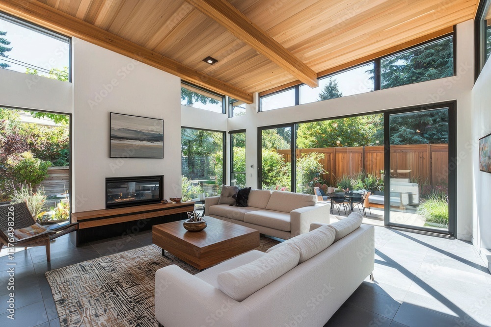 Fototapeta premium Modern living room with high ceilings, large windows, and garden view