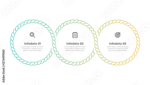 Thin line infographic design with 3 circular data points, rope. Perfect for presentations, reports, and digital content. Vector illustration.
