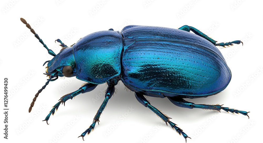 Fototapeta premium Shiny Blue Beetle Close-up Isolated on White Background - Entomology Study
