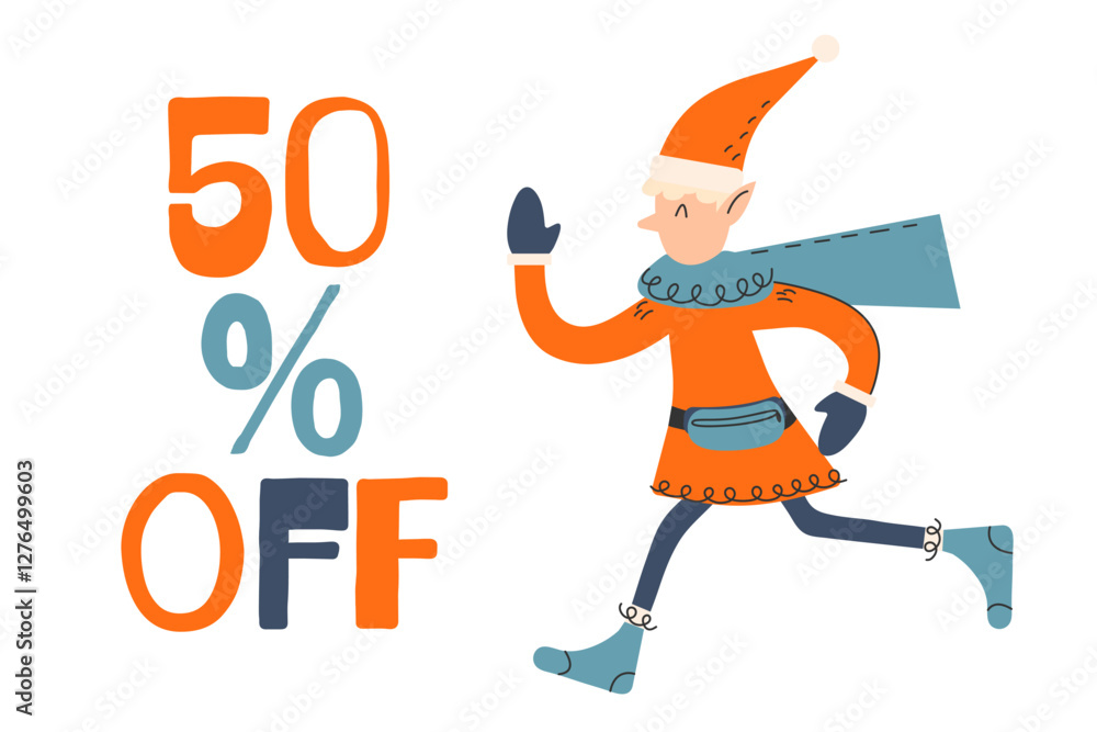 Christmas character. Cute Elf is running to get the 50 percent off. Christmas or New Year sale concept. Vector Illustration on isolated white background Christmas character. Cute Elf is running to get the 50 percent off. Christmas or New Year sale concept. Vector Illustration on isolated white background